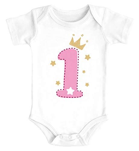 MoonWorks® Babybody erster Geburtstag Zahl 1 BZW. 2 mit Krone und Sternen Kurzarm Body Bio-Baumwolle 1 weiß-rosa 12-18 Monate von MoonWorks