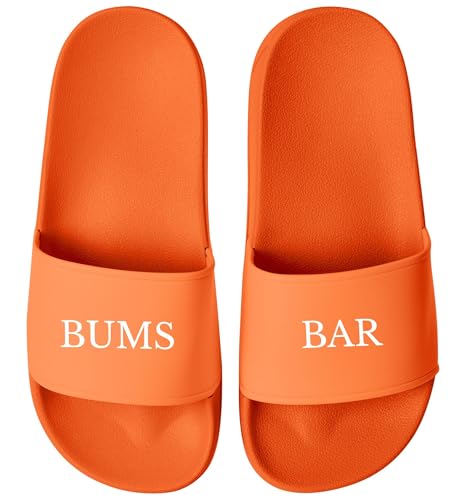 MoonWorks® Badelatschen Herren mit Spruch BUMS BAR –Gadget Malle, Festival JGA – Witzige Badeschlappen für Urlaub Orange-orange 47 von MoonWorks