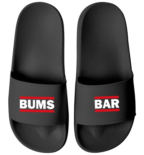 MoonWorks® Badelatschen Herren mit Spruch BUMS BAR –Gadget Malle, Festival JGA – Witzige Slides für Beachparty Sauftour Schwarz-schwarz 45 von MoonWorks