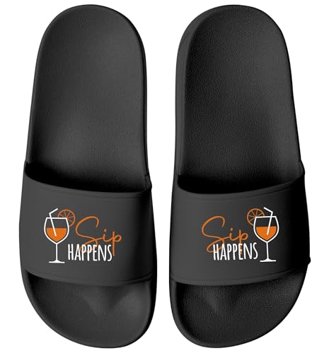 MoonWorks® Badelatschen für Damen mit Spruch – Sip Happens – Badeschlappen Spritz Getränk Apero Sommer Sandalen mit Aufdruck Schwarz-schwarz 42 von MoonWorks