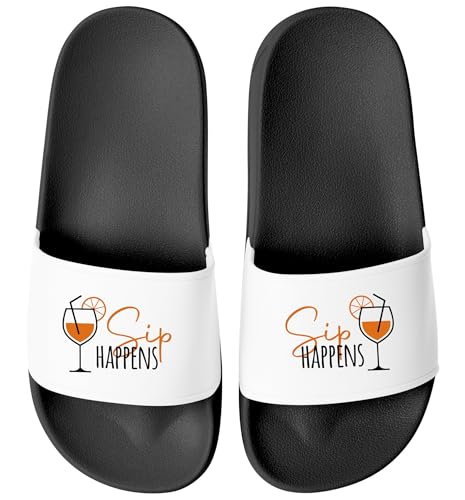 MoonWorks® Badelatschen für Damen mit Spruch – Sip Happens – Badeschlappen Spritz Getränk Apero Sommer Sandalen mit Aufdruck Schwarz-weiss 40 von MoonWorks