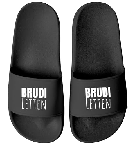 MoonWorks® Badelatschen für Männer mit Spruch – Witzige Schlappen für Freunde, JGA, Urlaub, Festival Saufteam – Fun Geschenk für echte Brudis Schwarz-schwarz 47 von MoonWorks