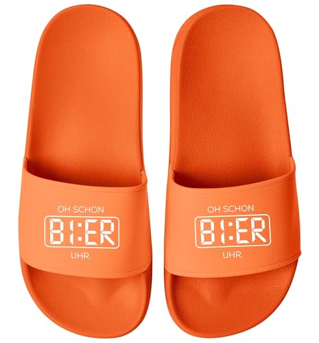 MoonWorks® Badelatschen mit Spruch Bier Uhr– Witzige Fußbekleidung für Männer Frauen Unisex – Fun Geschenk für Mallorca Saufurlaub JGA Festival Outfit Orange-orange 37 von MoonWorks