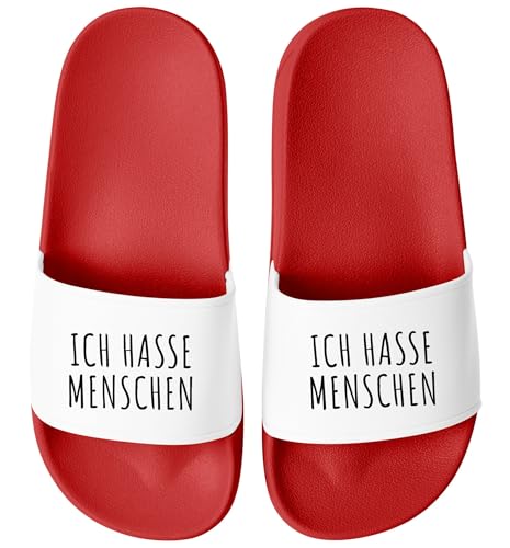 MoonWorks® Badelatschen mit Spruch | Sarkastische Schlappen für Männer Frauen mit schwarzem Humor | Witzige Geschenkidee für Anti-Sozialhelden Rot-weiss 36 von MoonWorks