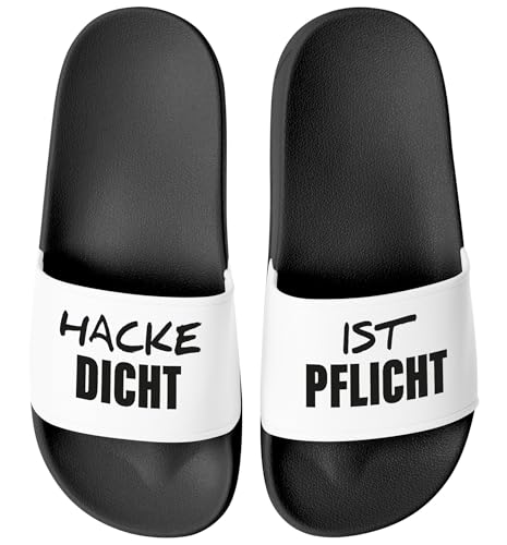 MoonWorks® Badeschlappen Badelatschen Unisex mit Aufdruck Hacke Dicht ist Pflicht Bedruckt Herren Damen Badeschuhe Männer Frauen Geschenk Schwarz-weiss 46 von MoonWorks