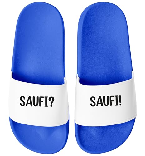 MoonWorks® Badeschlappen Herren Aufdruck Lustig Saufi? Saufi! Herren Malle Urlaub Accessoires Unisex Badeschuhe Blau/weiss 46 von MoonWorks