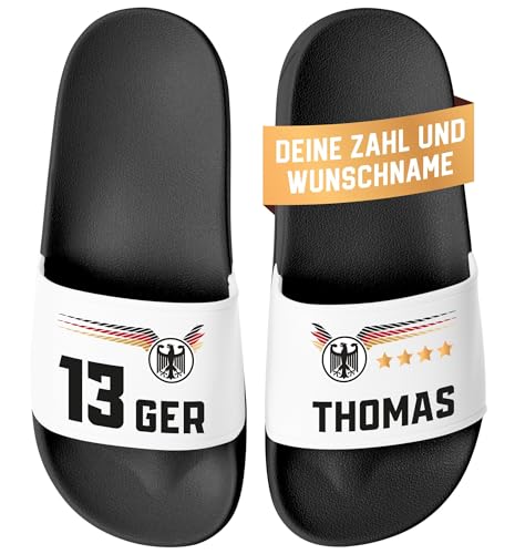 MoonWorks® Badeschlappen Herren Damen Fussball EM 24 personalisiert Deutschland Wunschname und Zahl Badelatschen Männer Frauen schwarz-weiß 41 von MoonWorks