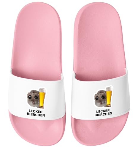 MoonWorks® Badeschlappen Herren Damen Unisex mit Spruch Lecker Bierchen Schlappen Hamster Meme Badelatschen Party Urlaub Rosa-weiss 41 von MoonWorks