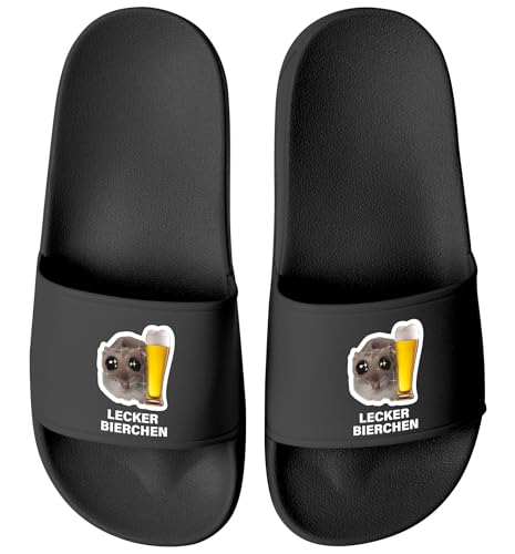 MoonWorks® Badeschlappen Herren Damen Unisex mit Spruch Lecker Bierchen Schlappen Hamster Meme Badelatschen Party Urlaub Schwarz-schwarz 43 von MoonWorks