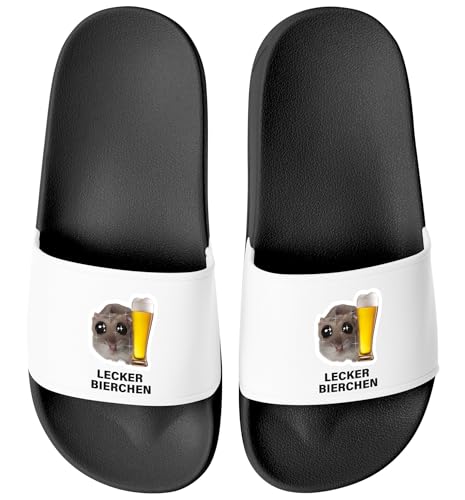 MoonWorks® Badeschlappen Herren Damen Unisex mit Spruch Lecker Bierchen Schlappen Hamster Meme Badelatschen Party Urlaub Schwarz-weiss 37 von MoonWorks