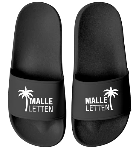 MoonWorks® Badeschlappen Herren Malle-Letten Outfit Accessoires Urlaub Badelatschen Lustig mit Spruch Unisex Badeschuhe Schwarz-schwarz 42 von MoonWorks