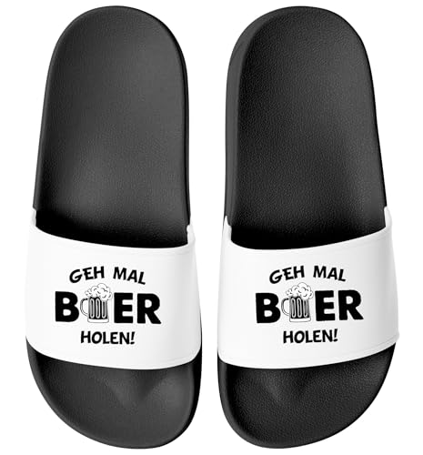 MoonWorks® Badeschlappen Herren Malle Urlaub Spruch Bier Badelatschen Aufdruck Herren Unisex Badeschuhe Schwarz-weiss 45 von MoonWorks