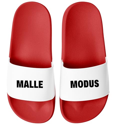 MoonWorks® Badeschlappen Herren mit Spruch Malle-Modus Urlaub Badelatschen für Gruppenoutfit Herren Unisex Badeschuhe Rot-weiss 47 von MoonWorks