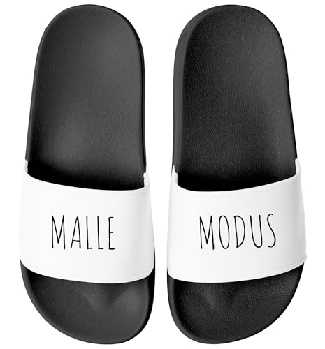 MoonWorks® Badeschlappen Herren mit Spruch Malle-Modus Urlaub Badelatschen für Gruppenoutfit Herren Unisex Badeschuhe Schwarz-weiss 41 von MoonWorks