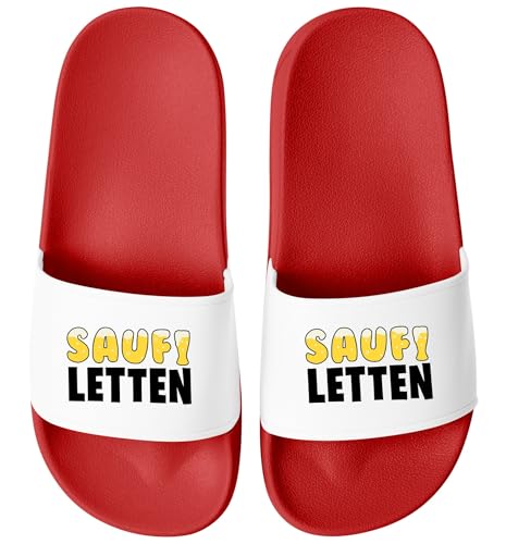 MoonWorks® Badeschlappen Lustig Badelatschen mit Spruch SAUFI LETTEN – Party, Urlaub Malle Festival JGA Gadget – Sommer Pantoletten Herren Unisex Rot-weiss 40 von MoonWorks