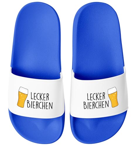 MoonWorks® Badeschlappen Lustig Spruch Lecker Bierchen Badelatschen Herren Damen Badeschuhe Pool Party Urlaub Männer Frauen Blau-weiss 44 von MoonWorks