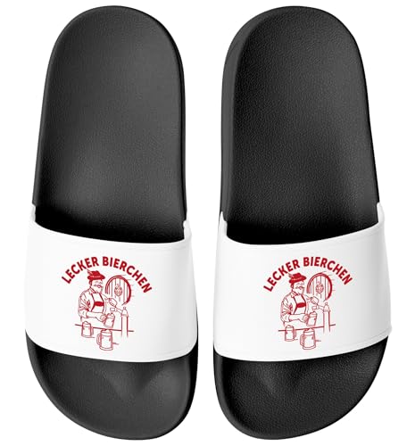 MoonWorks® Badeschlappen Lustig Spruch Lecker Bierchen Badelatschen Unisex Bedruckt Herren Damen Badeschuhe Männer Frauen Schwarz-weiss 44 von MoonWorks