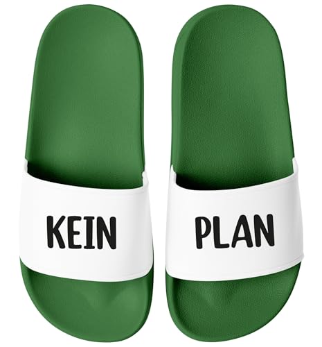 MoonWorks® Badeschlappen Spruch Kein Plan Badelatschen Unisex mit Aufdruck Lustig Herren Damen Badeschuhe Urlaub Gadget Gruen-weiss 44 von MoonWorks