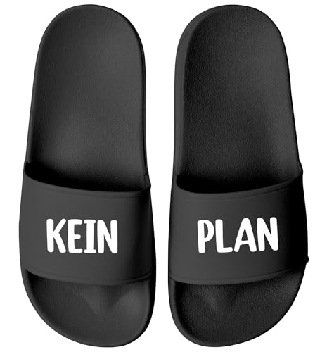 MoonWorks® Badeschlappen Spruch Kein Plan Badelatschen Unisex mit Aufdruck Lustig Herren Damen Badeschuhe Urlaub Gadget Schwarz-schwarz 36 von MoonWorks