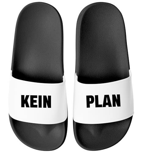 MoonWorks® Badeschlappen Spruch Kein Plan Badelatschen Unisex mit Aufdruck Lustig Herren Damen Badeschuhe Urlaub Gadget Schwarz-weiss 46 von MoonWorks