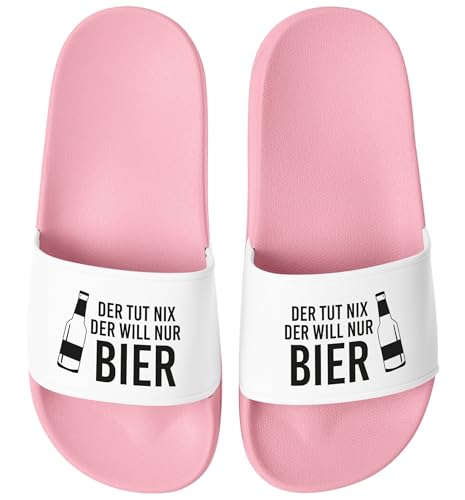 MoonWorks® Badeschlappen Spruch Lustig Der tut nich der will nur Bier Badelatschen Aufdruck Herren Umisex Badeschuhe Rosa-weiss 38 von MoonWorks
