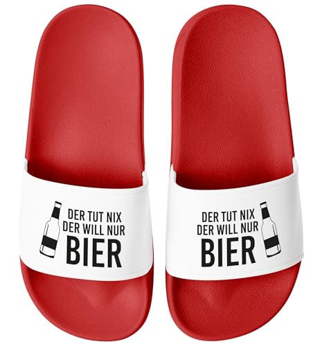 MoonWorks® Badeschlappen Spruch Lustig Der tut nix der will nur Bier Badelatschen Aufdruck Herren Umisex Badeschuhe Rot-weiss 42 von MoonWorks