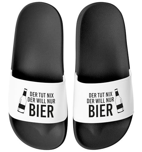 MoonWorks® Badeschlappen Spruch Lustig Der tut nix der will nur Bier Badelatschen Aufdruck Herren Umisex Badeschuhe Schwarz-weiss 42 von MoonWorks