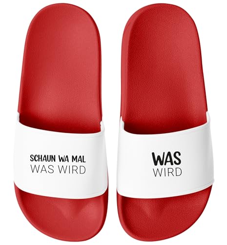 MoonWorks® Badeschlappen Unisex Lustig Meme-Badelatschen mit Spruch Schaun wa mal was wird für Männer & Frauen Fun Geschenk Rot-weiss 38 von MoonWorks