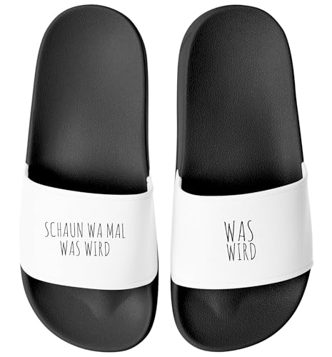 MoonWorks® Badeschlappen Unisex Lustig Meme-Badelatschen mit Spruch Schaun wa mal was wird für Männer & Frauen Fun Geschenk Schwarz-weiss 38 von MoonWorks