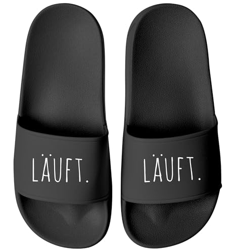 MoonWorks® Badeschlappen Unisex mit Aufdruck Läuft Herren Damen Badeschuhe Männer Frauen Urlaub Accessoires Schwarz-schwarz 45 von MoonWorks