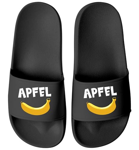 MoonWorks® Badeschlappen mit Apfel-Banane Motiv Badelatschen mit witzigem Aufdruck Unisex Pool Slides für Männer & Frauen Schwarz-schwarz 37 von MoonWorks