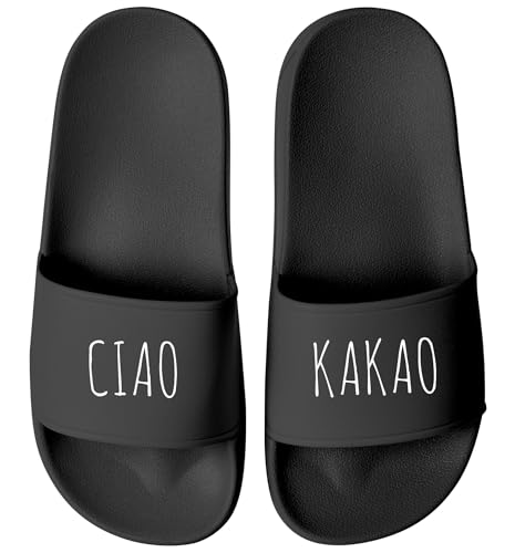MoonWorks® Badeschlappen mit Spruch Ciao Kakao Unisex Herren Damen Badeschuhe Männer Frauen Geschenk Schwarz-schwarz 38 von MoonWorks