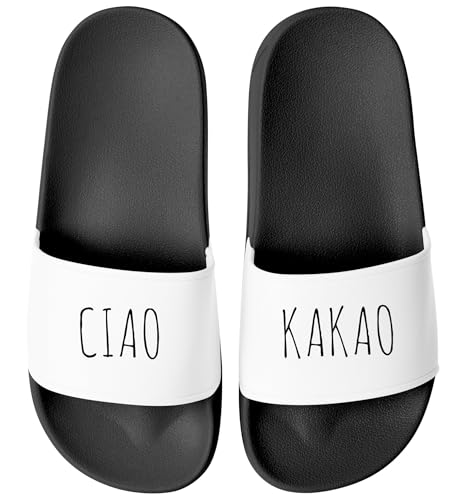 MoonWorks® Badeschlappen mit Spruch Ciao Kakao Unisex Herren Damen Badeschuhe Männer Frauen Geschenk Schwarz-weiss 45 von MoonWorks