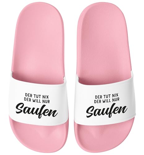 MoonWorks® Badeschlappen mit Spruch Der tut nix der will saufen Badelatschen Unisex mit Aufdruck Party JGA Rosa-weiss 42 von MoonWorks