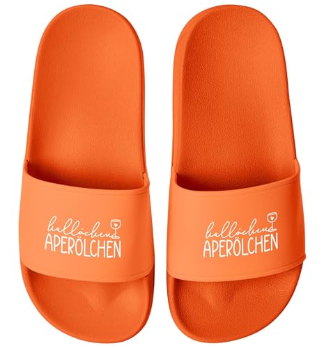 MoonWorks® Badeschlappen mit Spruch Hallöchen Aperölchen Badelatschen zum Apero für Damen mit Aufdruck Sommer Orange 40 von MoonWorks