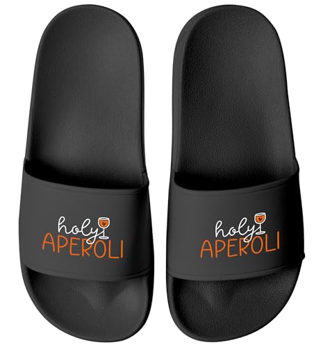 MoonWorks® Badeschlappen mit Spruch Holy Aperoli Badelatschen Damen Aufdruck bedruckt Spritz Apero Schwarz 46 von MoonWorks
