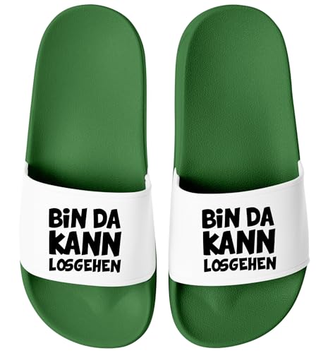 MoonWorks® Badeschlappen mit Spruch Kann losgehen Witzige Latschen für Urlaub, Festival, JGA & Alltag – Fun Geschenk für Feierbiester Gruen-weiss 39 von MoonWorks