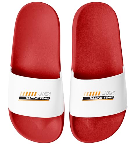 MoonWorks® Badeschlappen mit Spruch Lecker Bierchen Badelatschen Unisex mit Aufdruck Herren Damen Badeschuhe Fun-Geschenk Bierliebhaber Rot-weiss 45 von MoonWorks