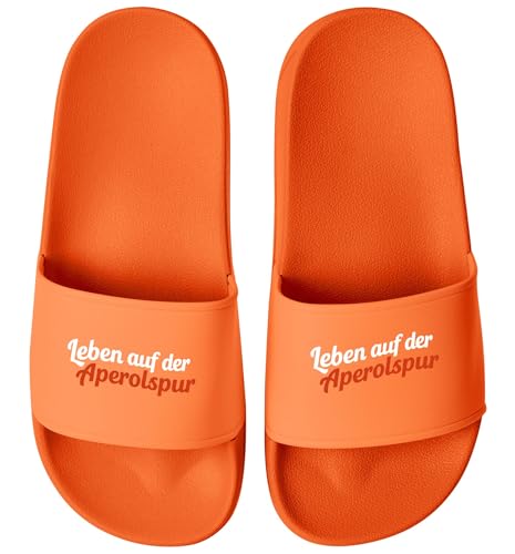 MoonWorks® Badeschlappen mit Spruch Lustig Leben auf der Aperolspur Badelatschen Damen Sommer Getränk Spritz Aufdruck bedruckt Orange-orange 37 von MoonWorks