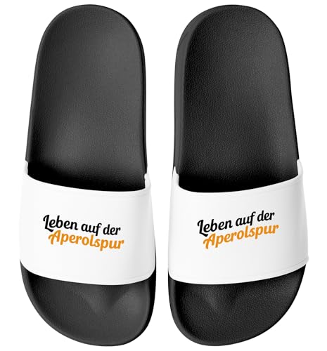 MoonWorks® Badeschlappen mit Spruch Lustig Leben auf der Aperolspur Badelatschen Damen Sommer Getränk Spritz Aufdruck bedruckt Schwarz-weiss 40 von MoonWorks