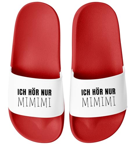 MoonWorks® Badeschlappen mit Spruch Lustig Mimimi Unisex Slides Herren Damen Badeschuhe Männer Frauen Büro Gadget Rot-weiss 37 von MoonWorks