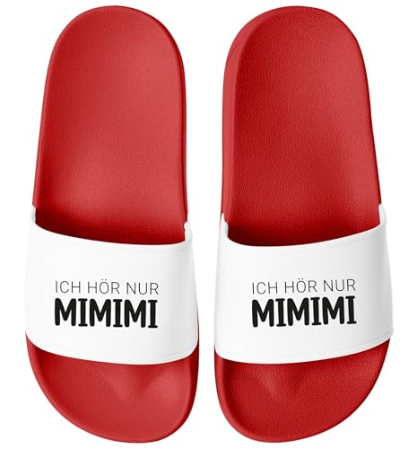 MoonWorks® Badeschlappen mit Spruch Lustig Mimimi Unisex Slides Herren Damen Badeschuhe Männer Frauen Büro Gadget Rot-weiss 42 von MoonWorks