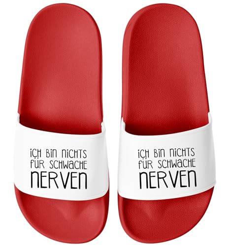 MoonWorks® Badeschlappen mit Spruch Nichts für schwache Nerven Badelatschen Unisex mit Aufdruck Badeschuhe Männer Frauen Rot-weiss 40 von MoonWorks