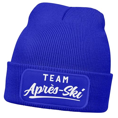 MoonWorks® Damen Beanie Patch Skifahren Strickmütze mit Spruch Team Après Ski Aufdruck Lustig Damenmütze Blau Unisize von MoonWorks