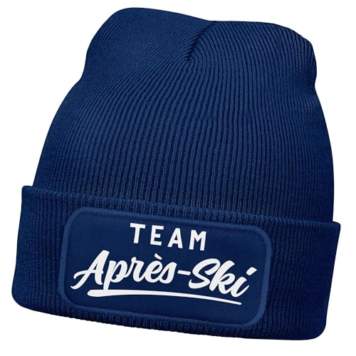 MoonWorks® Damen Beanie Patch Skifahren Strickmütze mit Spruch Team Après Ski Aufdruck Lustig Damenmütze Dunkelblau Unisize von MoonWorks