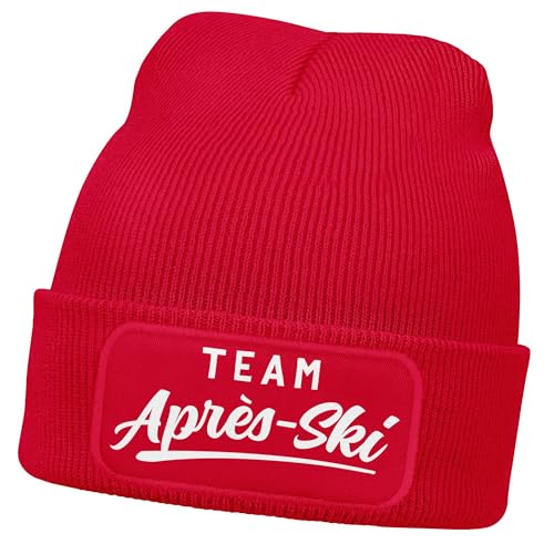 MoonWorks® Damen Beanie Patch Skifahren Strickmütze mit Spruch Team Après Ski Aufdruck Lustig Damenmütze Rot Unisize von MoonWorks