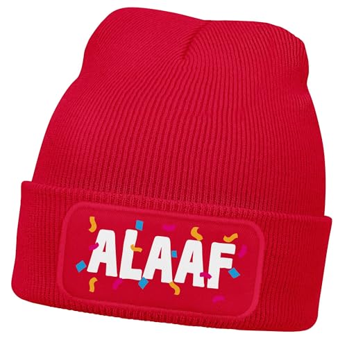 MoonWorks® Damen Beanie Patch Strickmütze Spruch Karneval Fasching Aufdruck Lustig Damenmütze Rot Unisize von MoonWorks