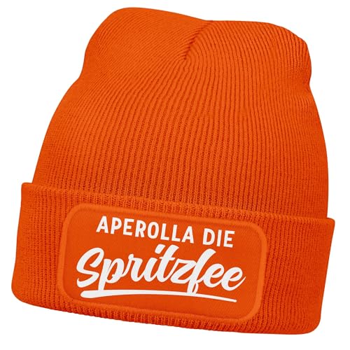 MoonWorks® Damen Beanie mit Patch Aperolla die Spritzfee Party Strickmütze Spruch Aufdruck Lustig Damenmütze Orange Unisize von MoonWorks