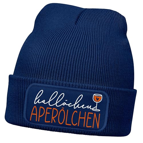 MoonWorks® Damen Beanie mit Patch Hallöchen Aperölchen Strickmütze mit Spruch Aufdruck Lustig Damenmütze Dunkelblau Unisize von MoonWorks