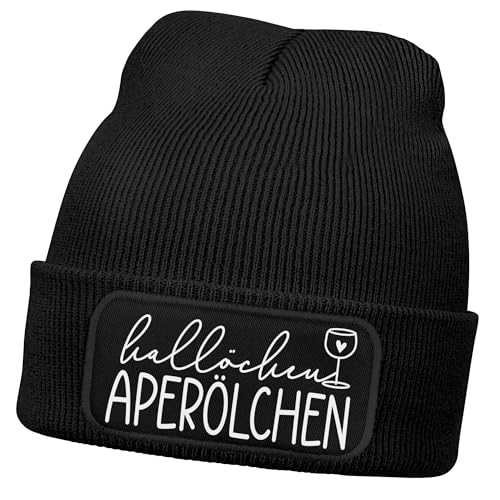 MoonWorks® Damen Beanie mit Patch Hallöchen Aperölchen Strickmütze mit Spruch Aufdruck Lustig Damenmütze Schwarz-Weiss Unisize von MoonWorks